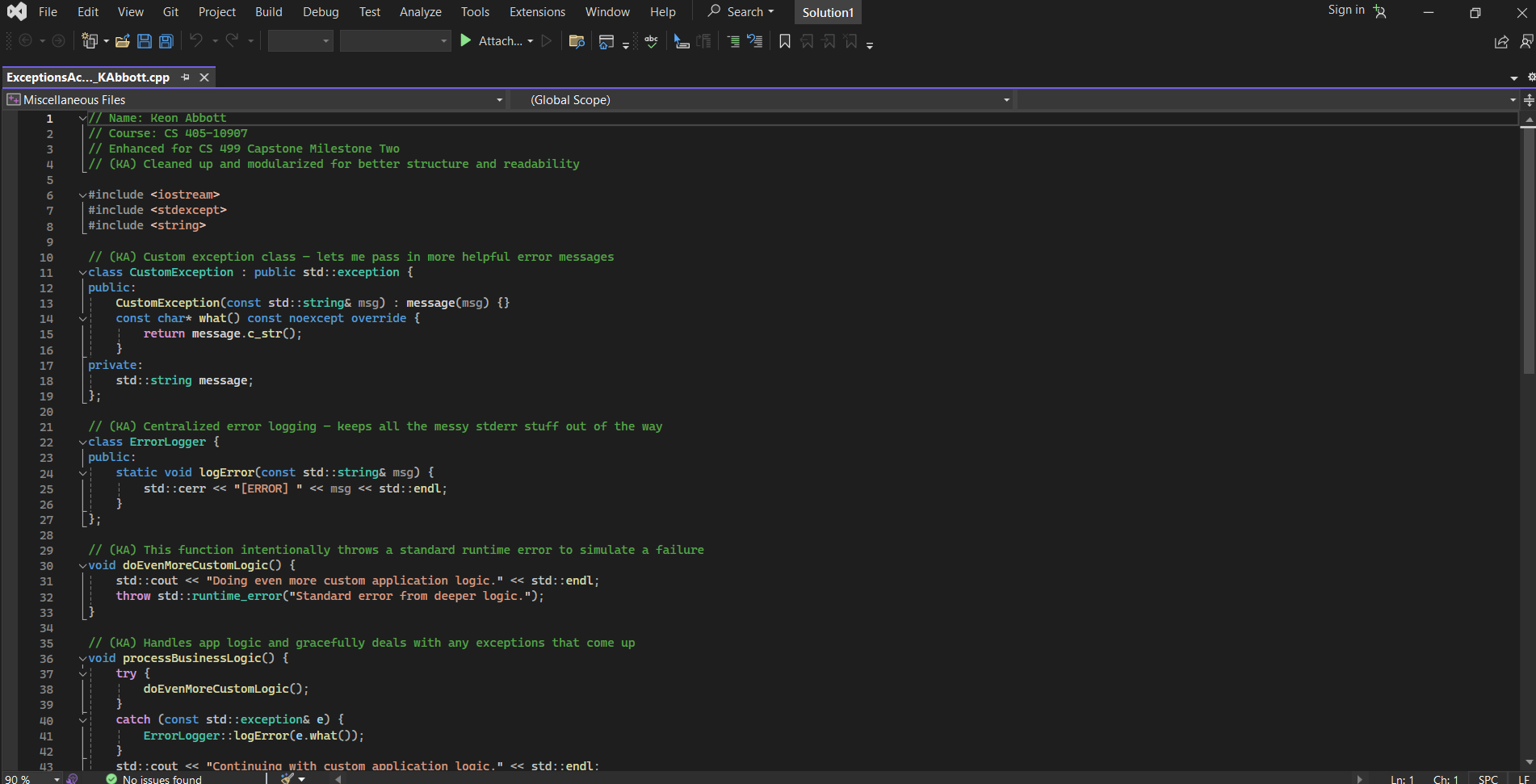 Screenshot of Exceptions Project